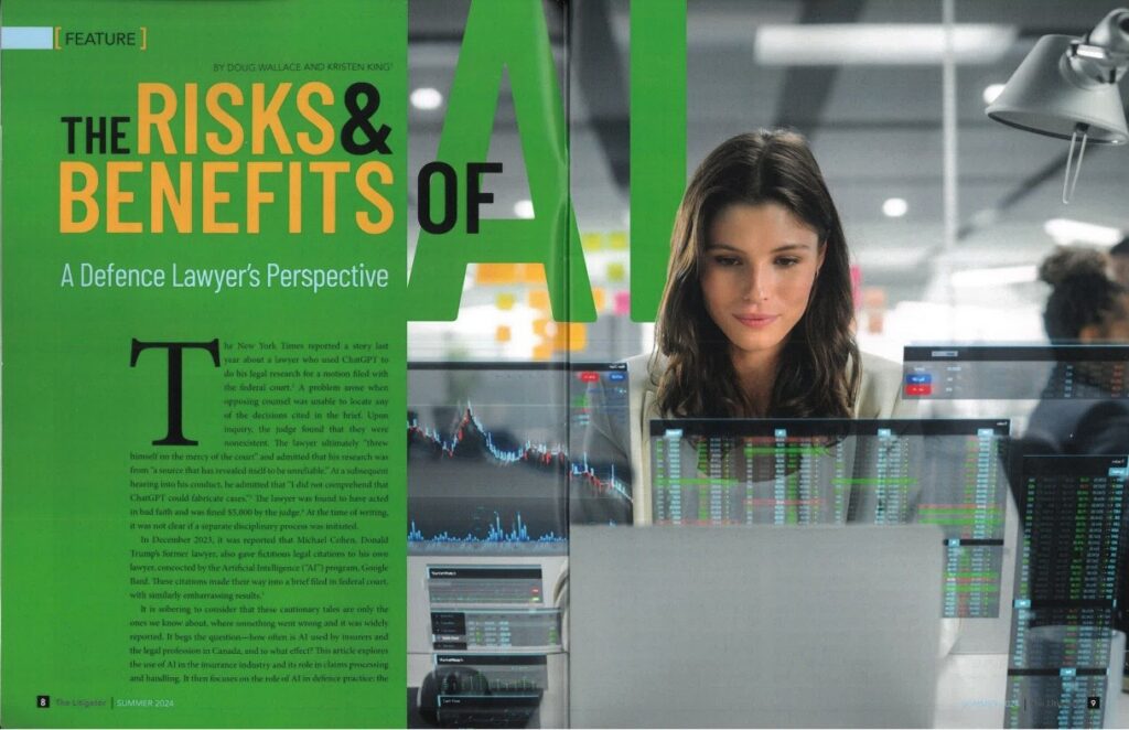 A graphic about the risks and benefits of AI. The graphic features a person looking at multiple screens.