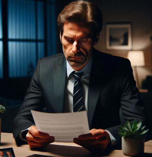 A serious person in a suit looking solemnly at a piece of paper.